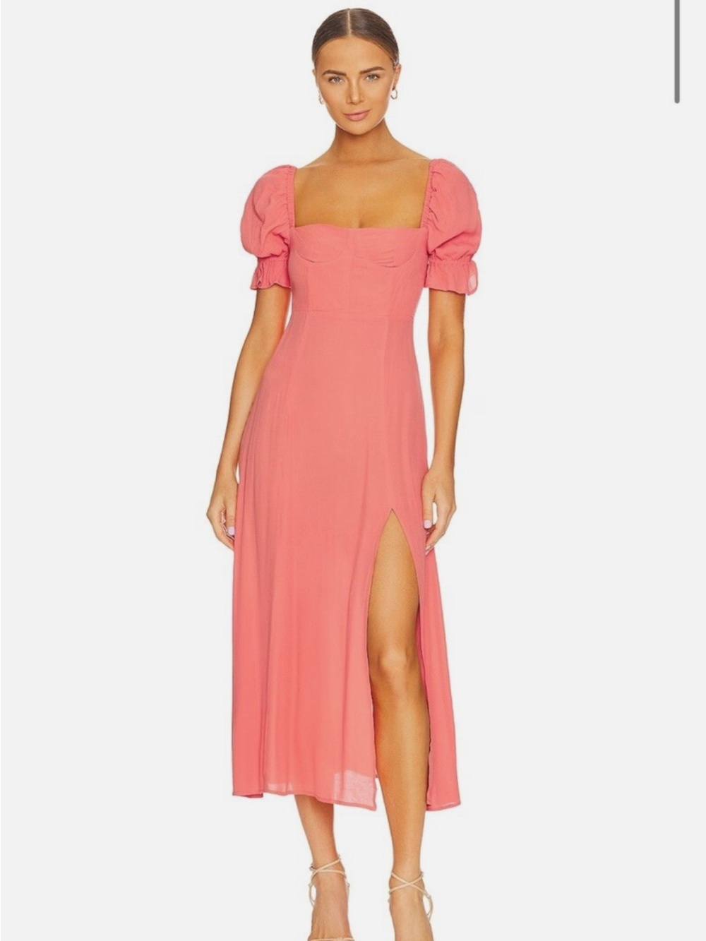 WeWoreWhat Puff Sleeve Coral Midi Dress with Corset Top Size 4